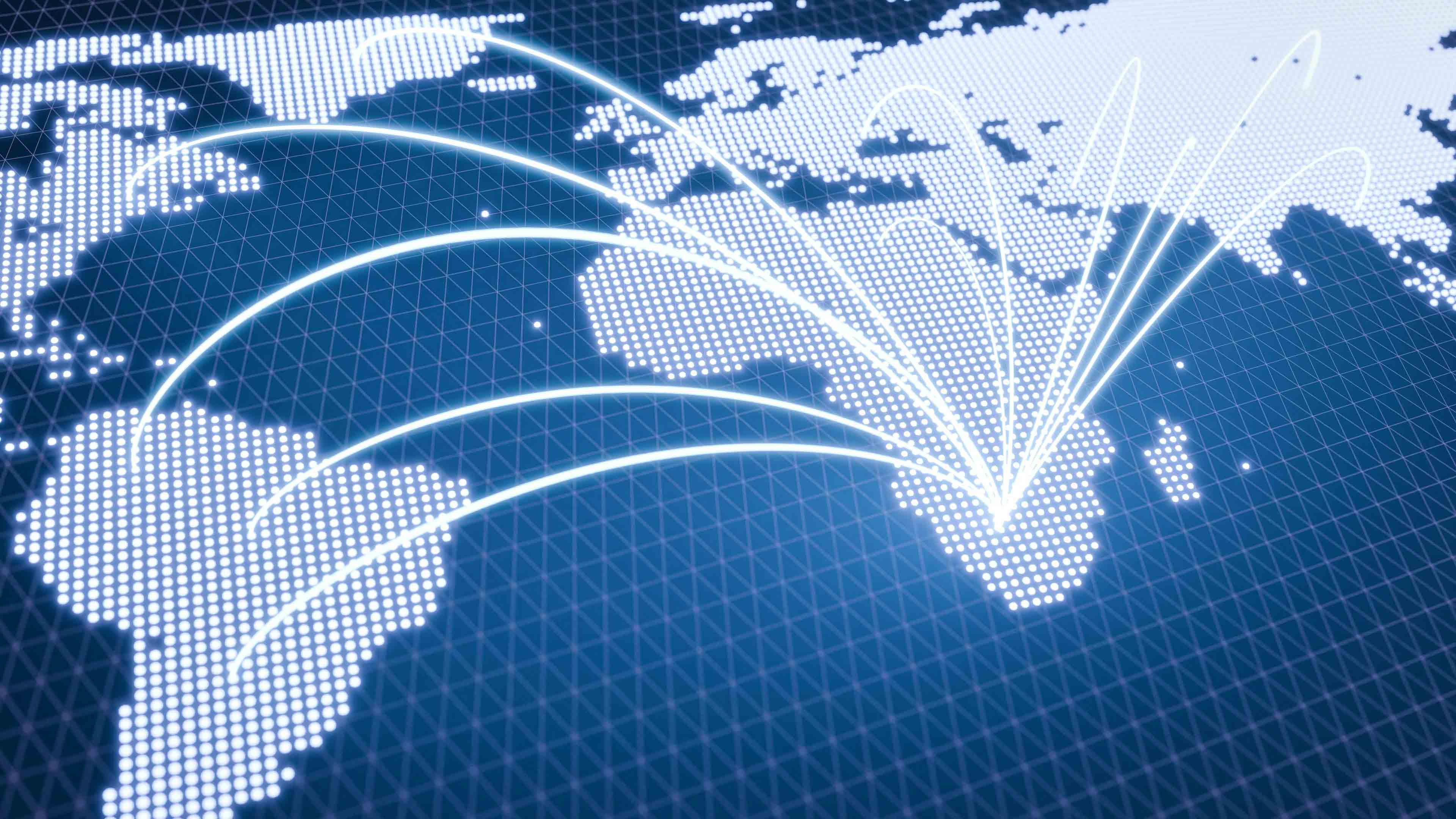 Digital world map dotted in white with glowing curved lines radiating from the eastern Africa region showing global connections.